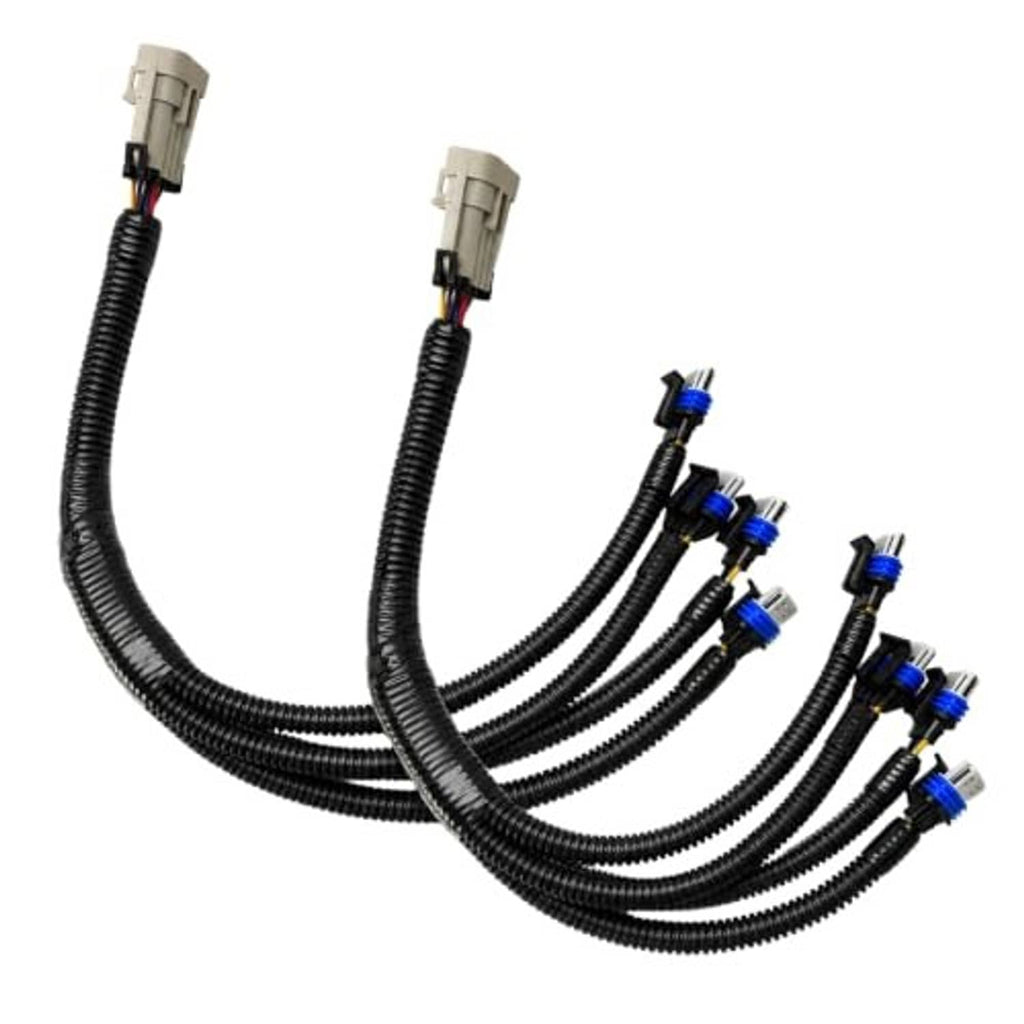 Ignition coil extension harness bundle with gray plug ends and blue-tipped ports