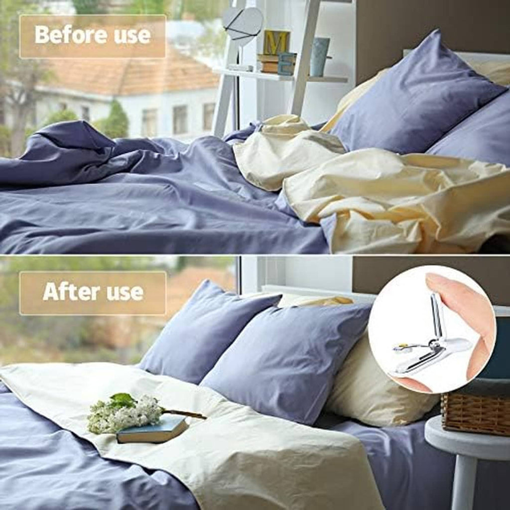 Padded comforter clip fastening a duvet corner, white pad with metal spring