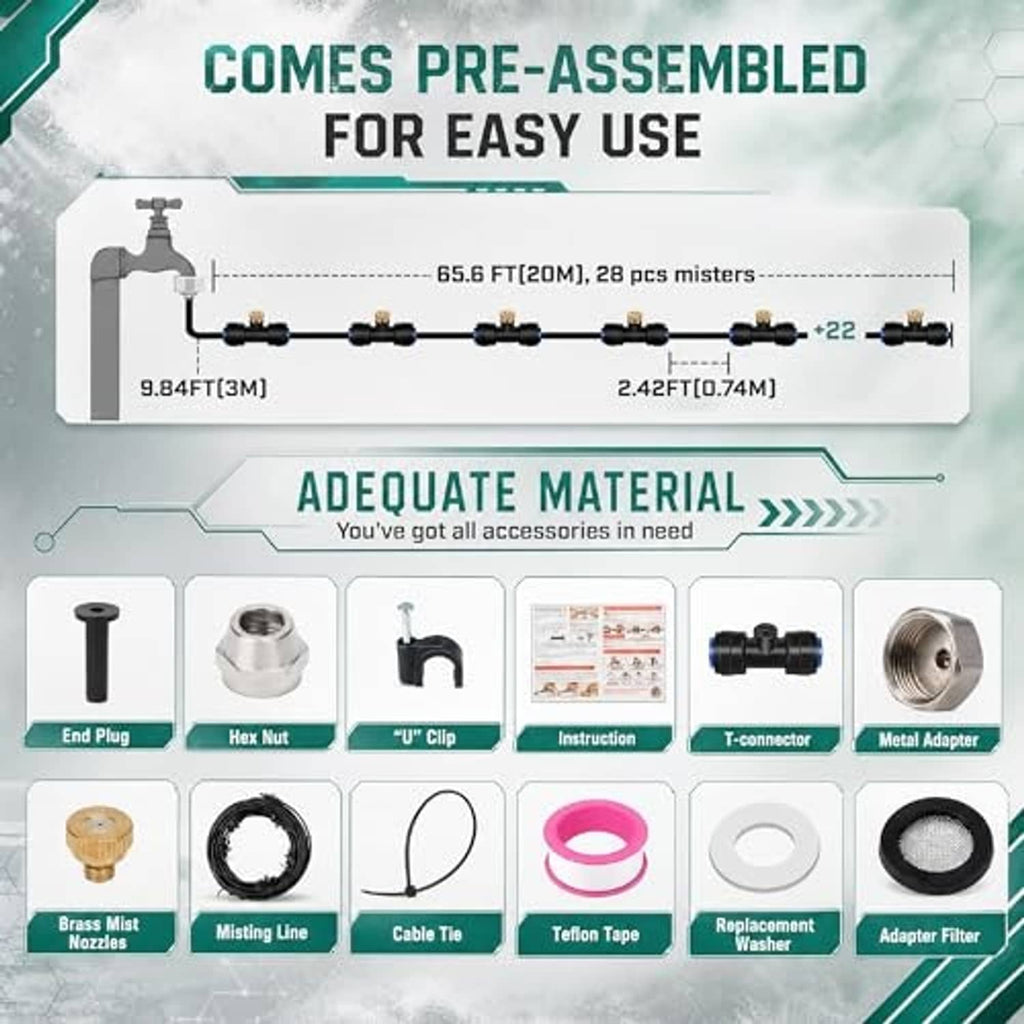 Pre-assembled outdoor misting system kit diagram with brass mist nozzles and connectors