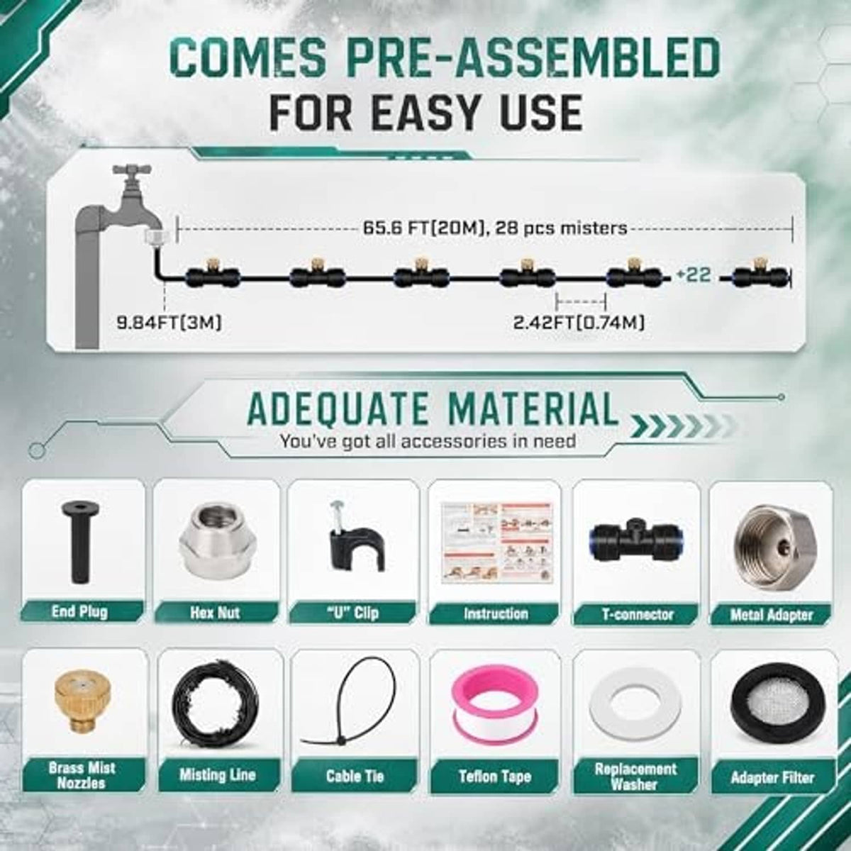 Pre-assembled outdoor misting system kit diagram with brass mist nozzles and connectors