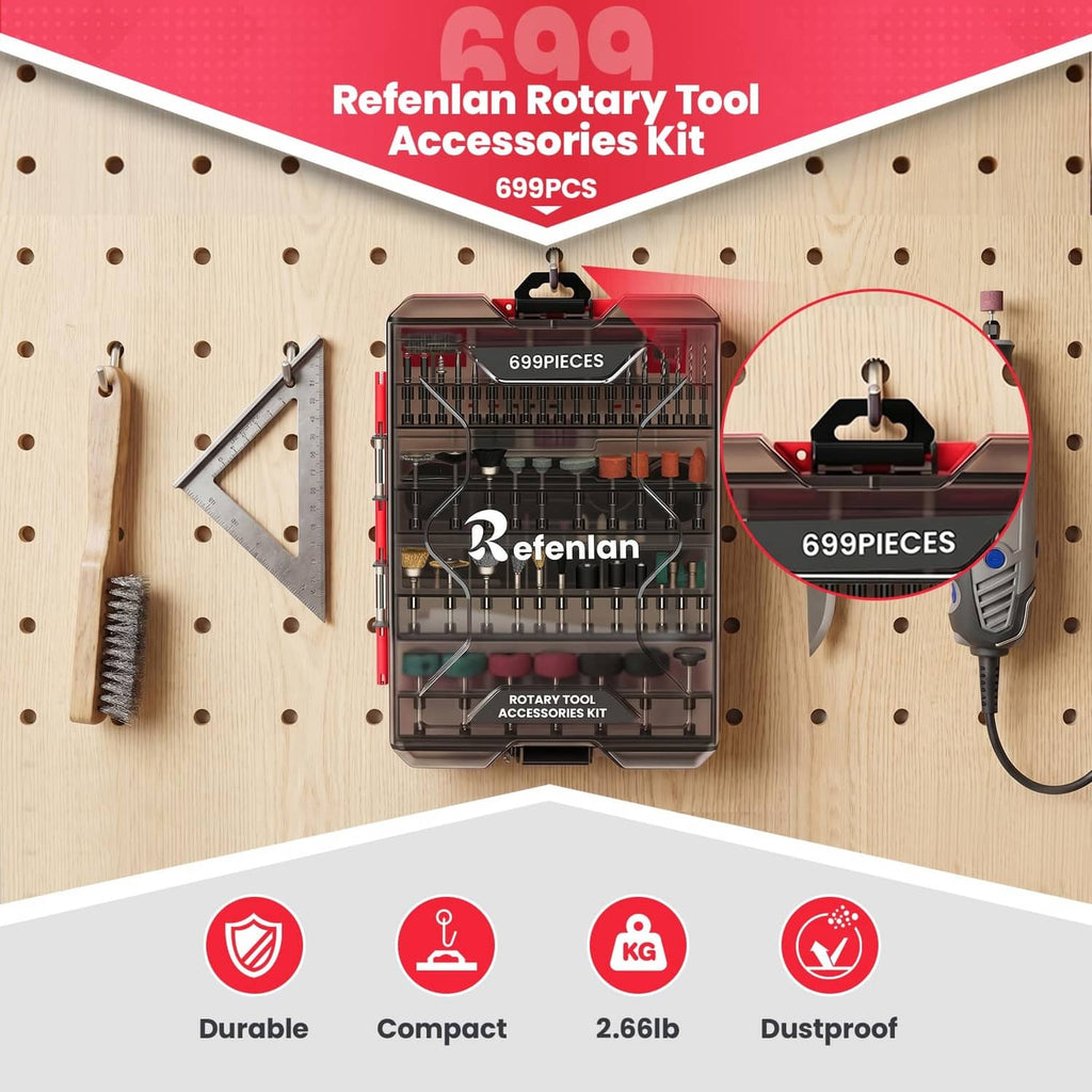 Rotary tool accessories kit in compact red-and-black case with hanging display hook