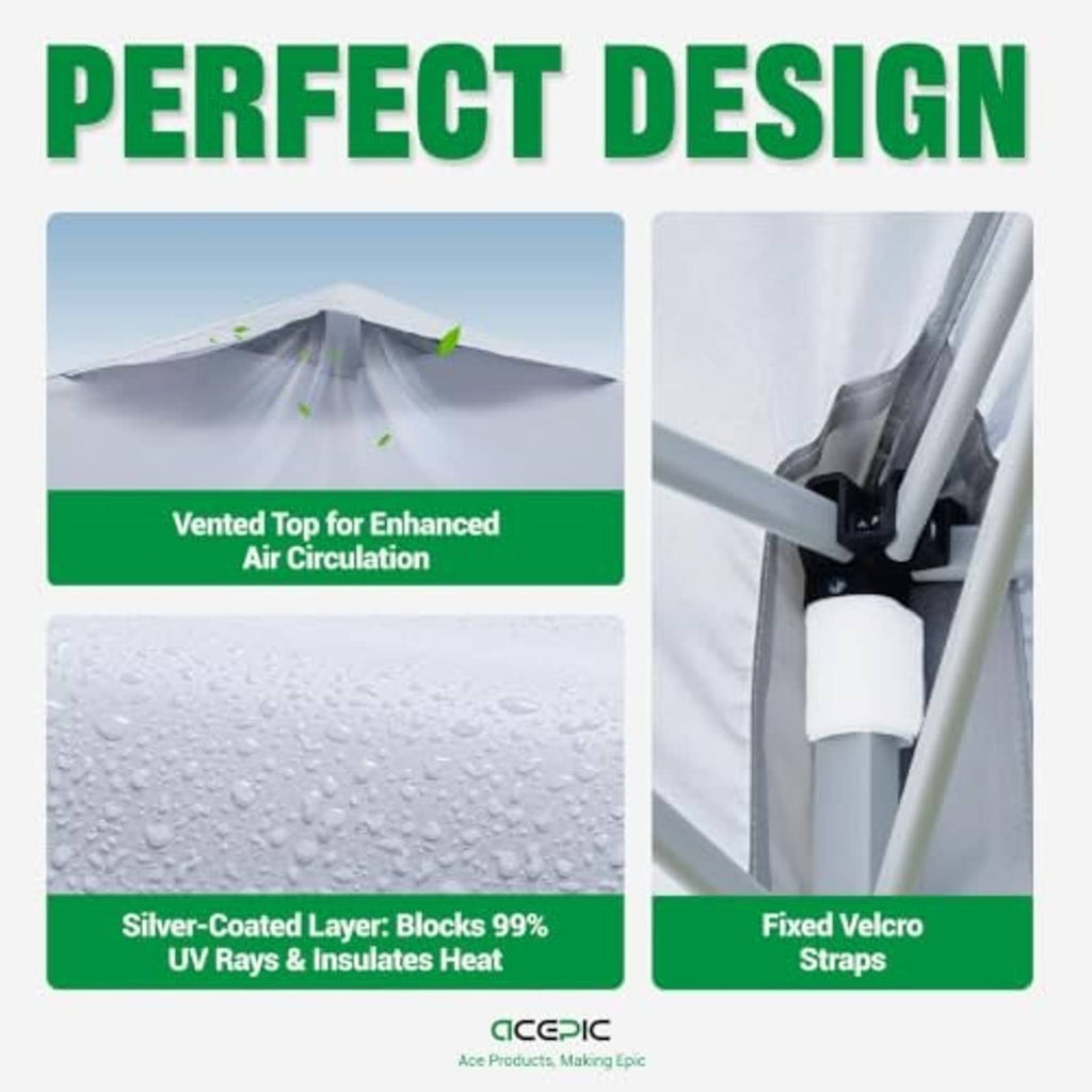 White vented canopy top with silver-coated layer and fixed strap attachment