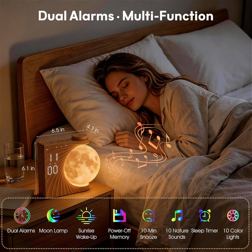 Wooden moon alarm clock on bedside table, glowing moon light with time display