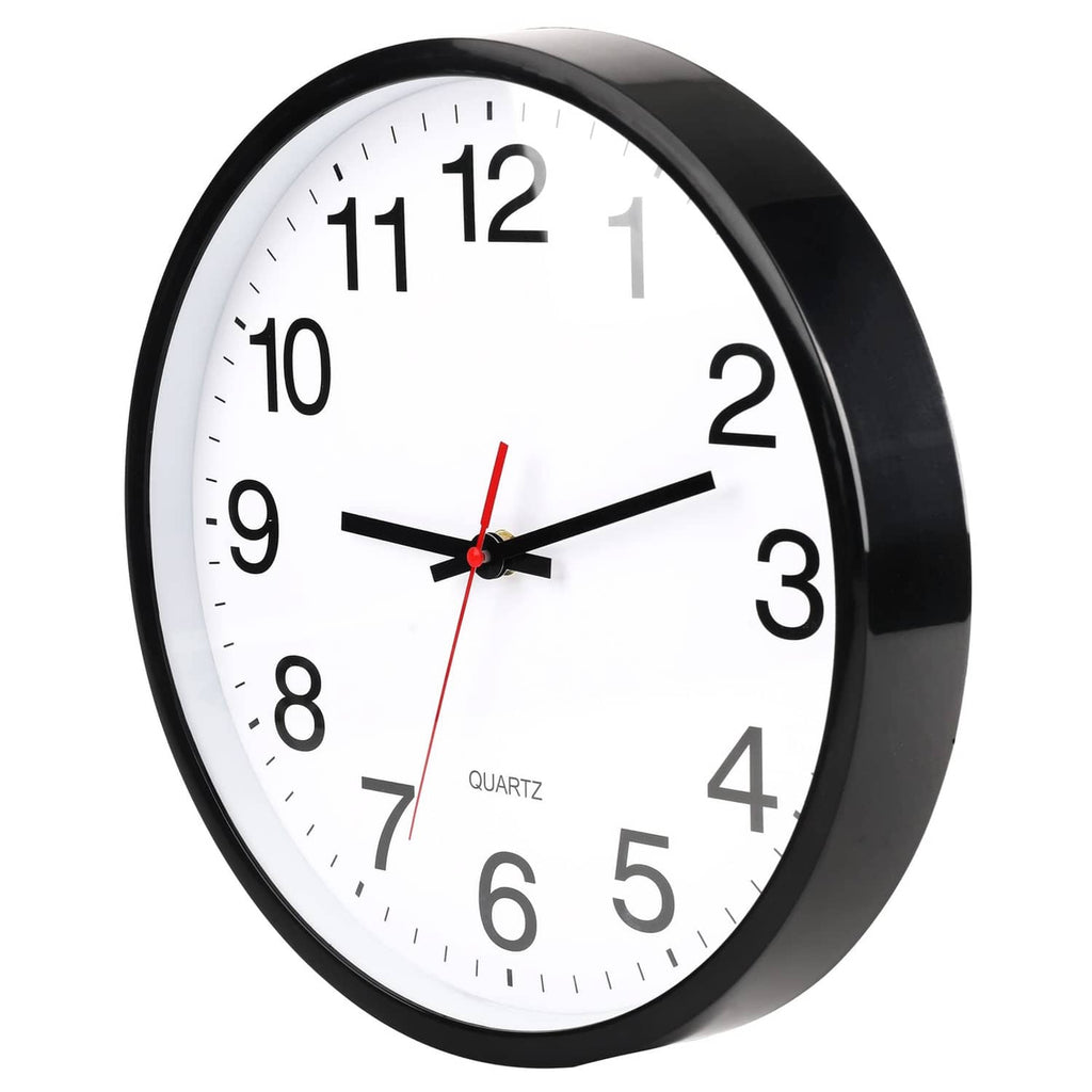 Angled view of black wall clock with white face, black numerals, red second hand, quartz.