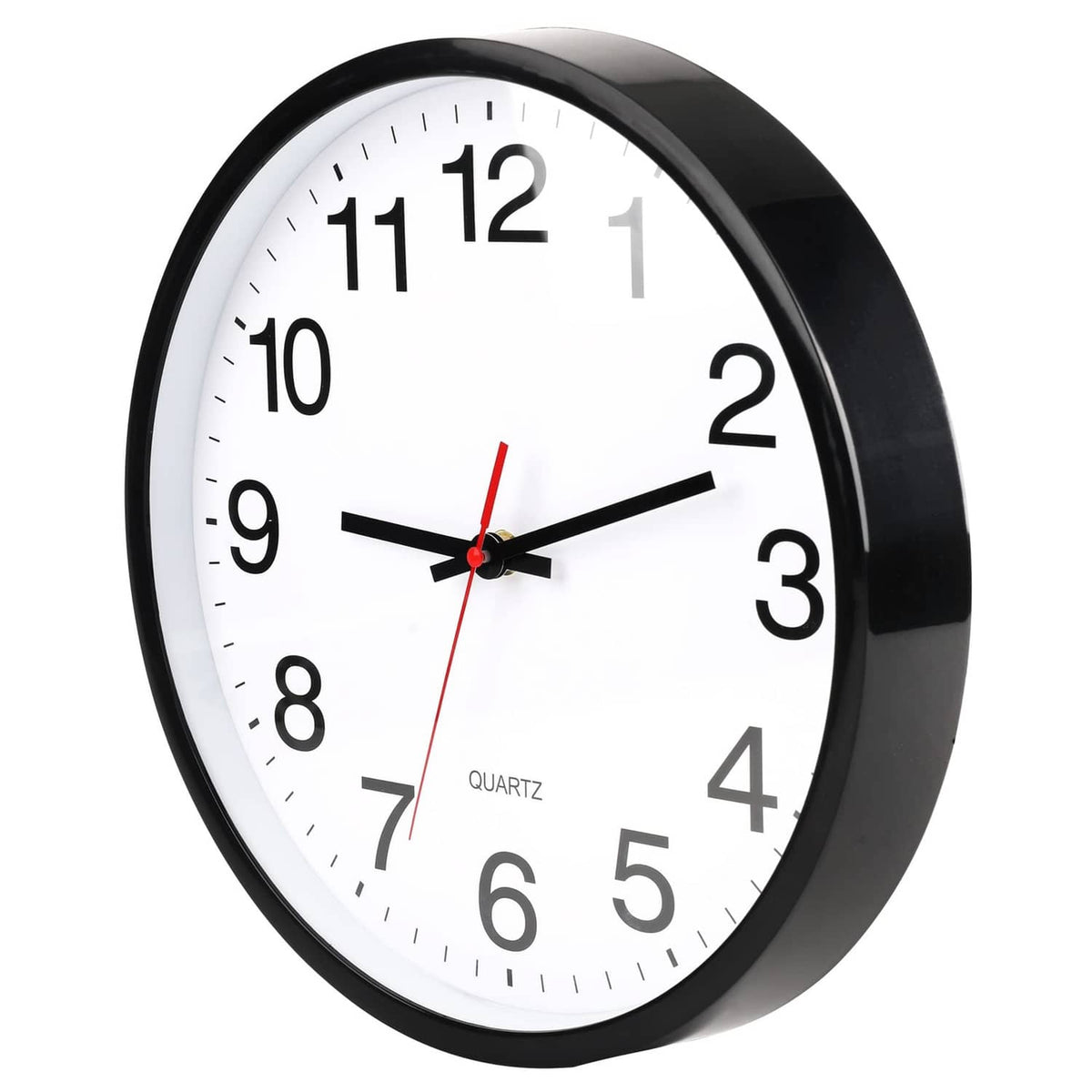 Angled view of black wall clock with white face, black numerals, red second hand, quartz.