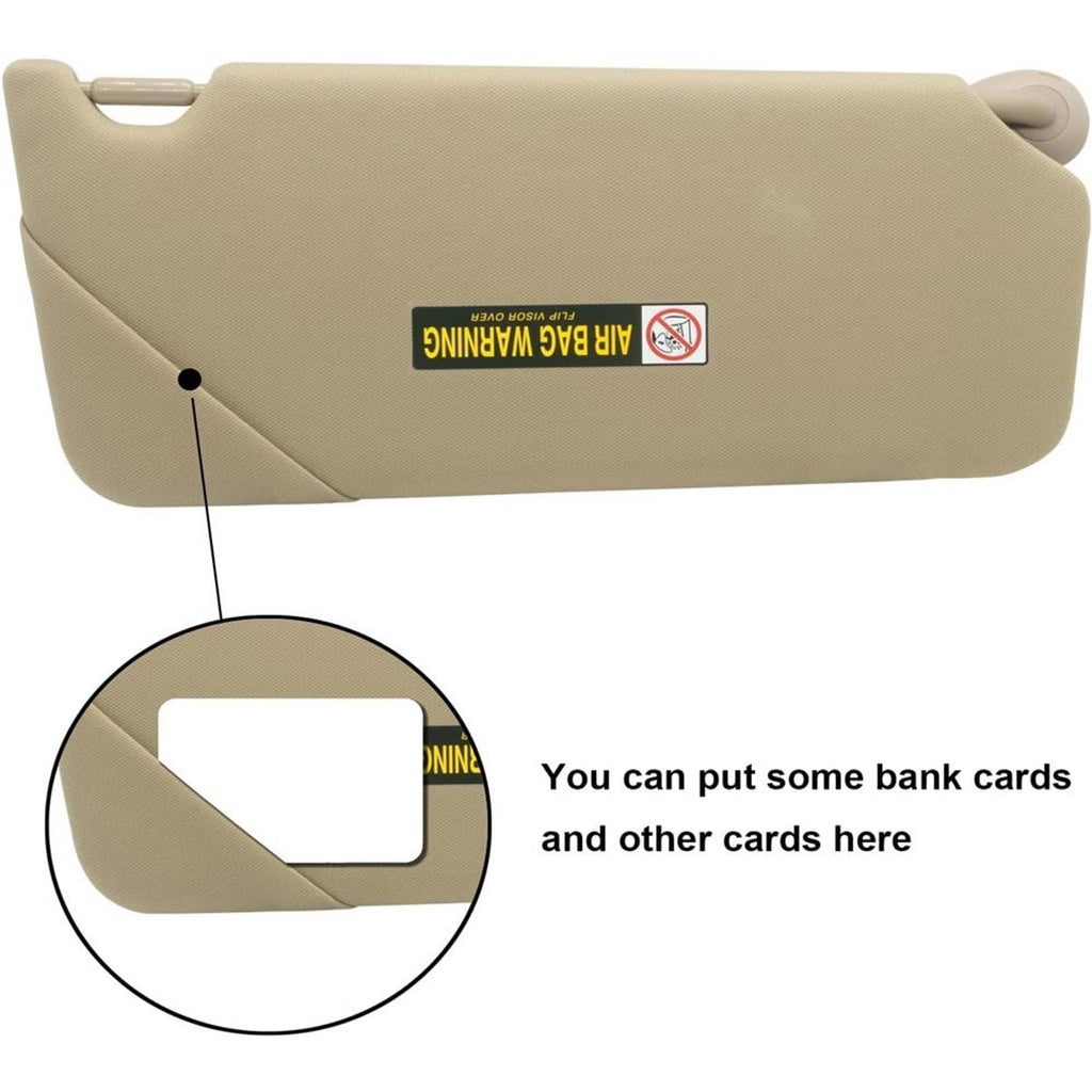 Beige left driver-side sun visor with warning label and card-slot style cutout