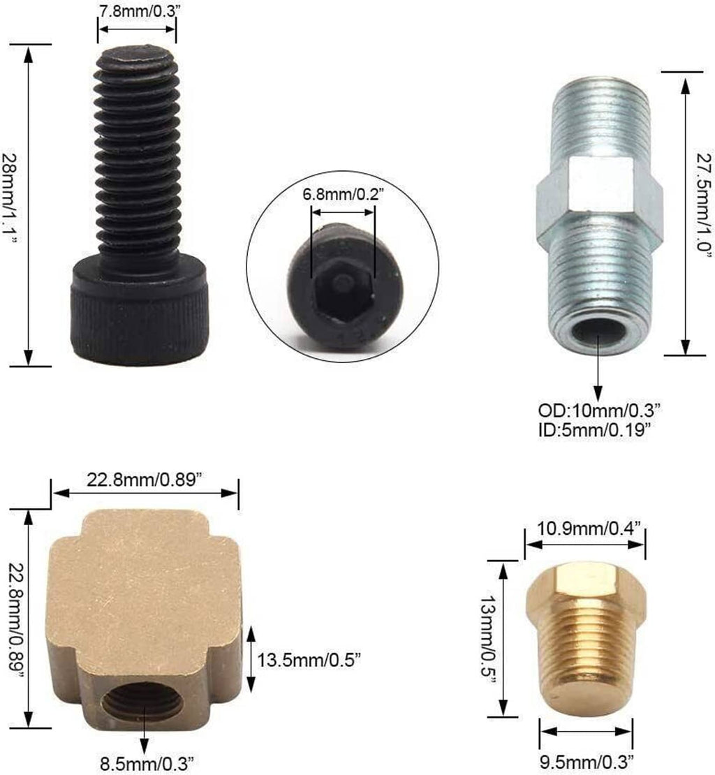 Turbo oil fitting components shown with size measurements: black stud, silver adapter, brass plug