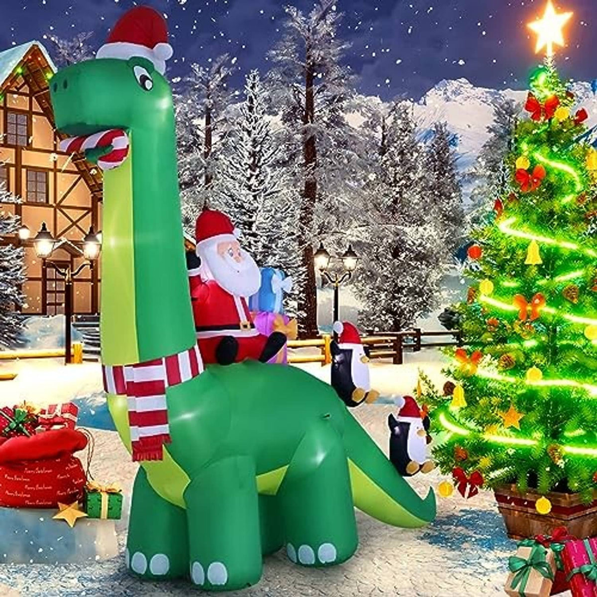 Green 13ft inflatable dinosaur outdoor decoration with Santa and penguin figures, side view