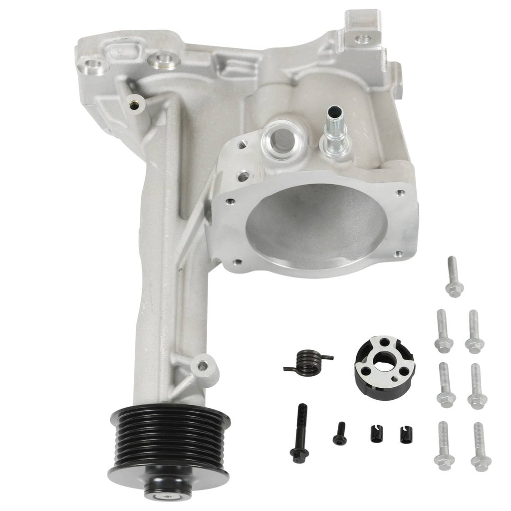 Supercharger snout rebuild kit with metal housing and pulley, plus hardware parts