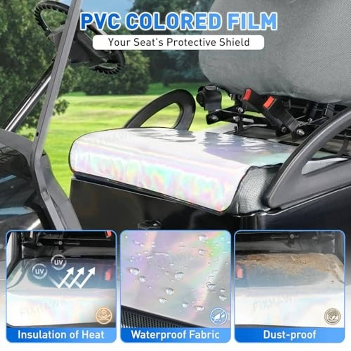 Gray seat cover with iridescent PVC protective film over the seat cushion
