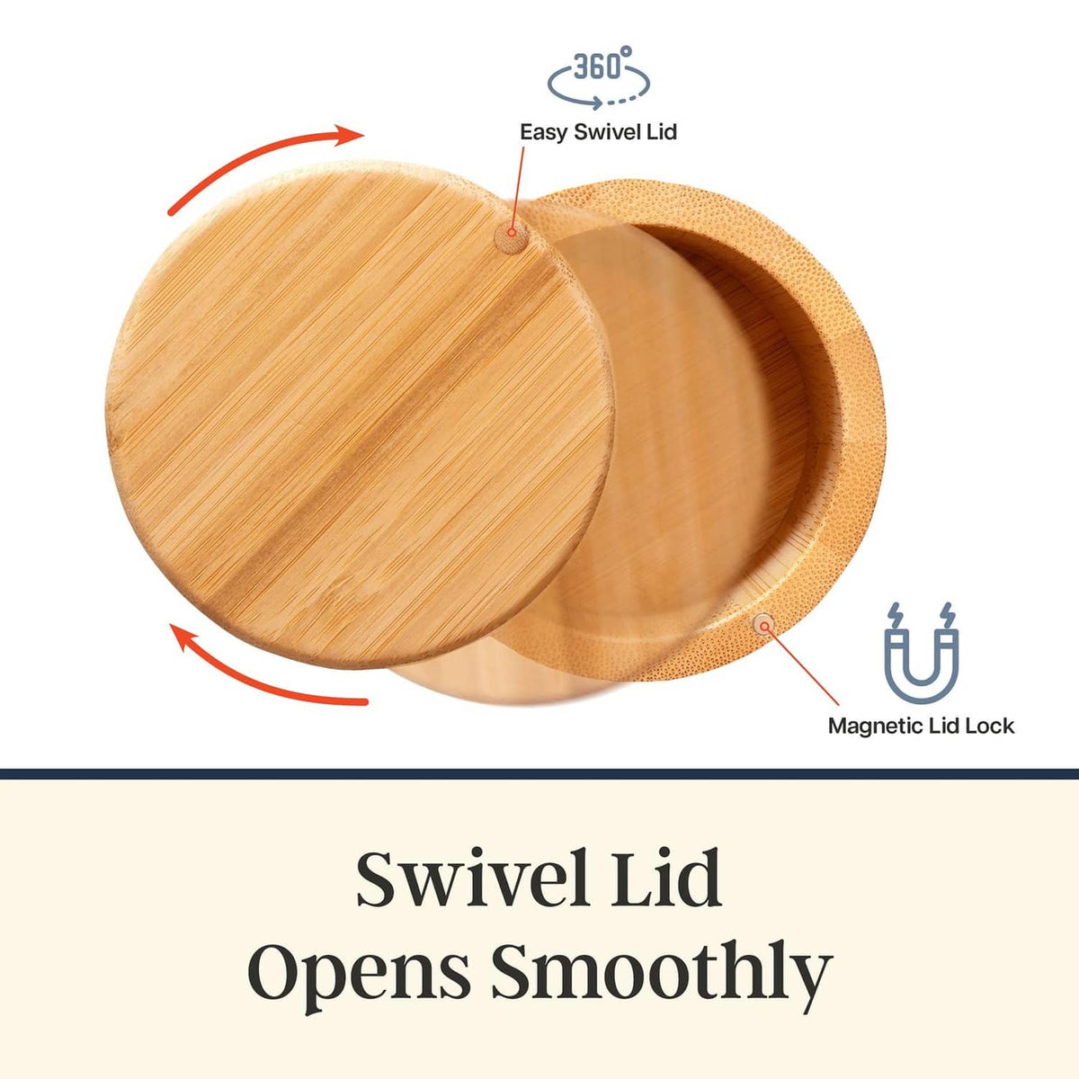 Bamboo container with swivel lid open to show three compartments
