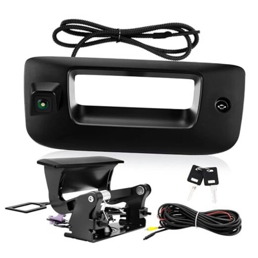 Black tailgate backup camera bezel with lens, wiring harness, and mounting bracket.