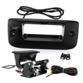 Black tailgate backup camera bezel with lens, wiring harness, and mounting bracket.
