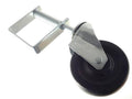 Spring-loaded gate caster with black rubber wheel and steel mounting bracket