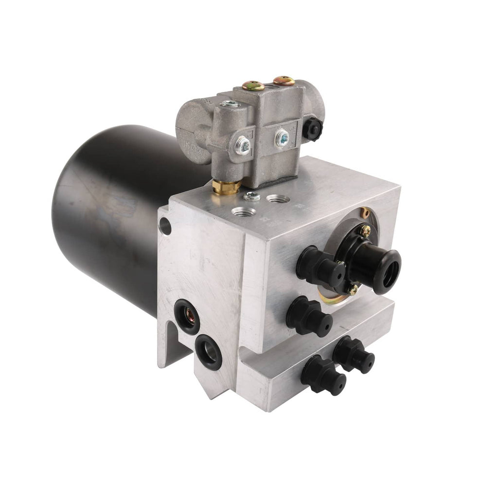 Air dryer assembly with black reservoir and silver block, side connectors and mounting holes