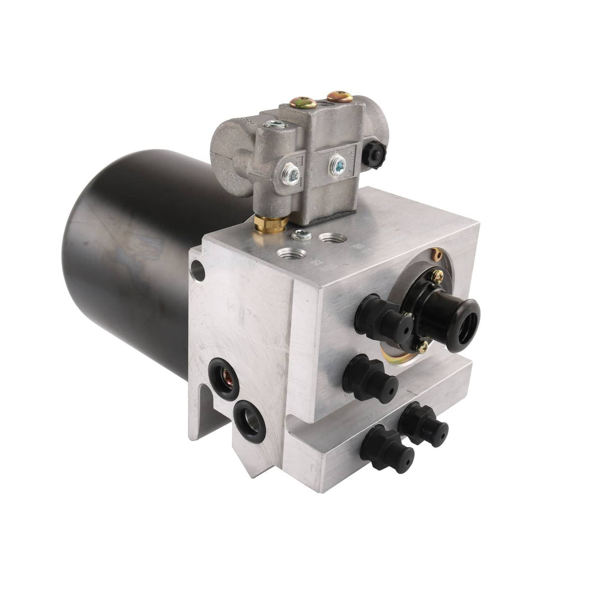 Air dryer assembly with black reservoir and silver block, side connectors and mounting holes