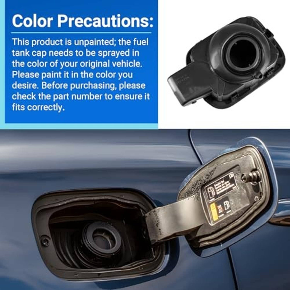 Gray fuel tank door cover with circular fuel filler opening on vehicle