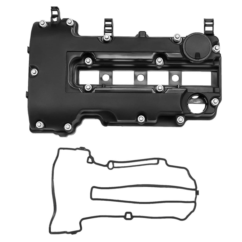 Black camshaft valve cover with gasket set and mounting holes, front view