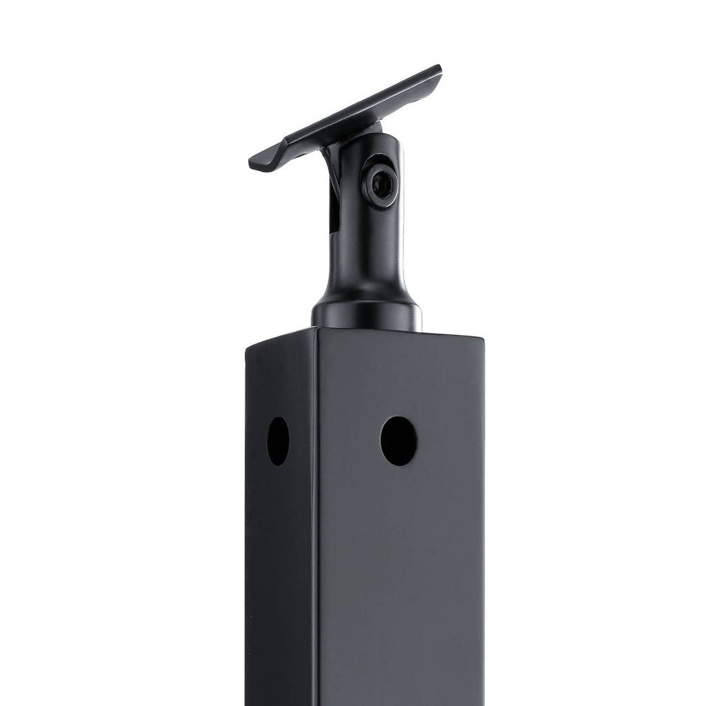 Black cable railing post with bracket top, circular holes, and vertical mounting stem