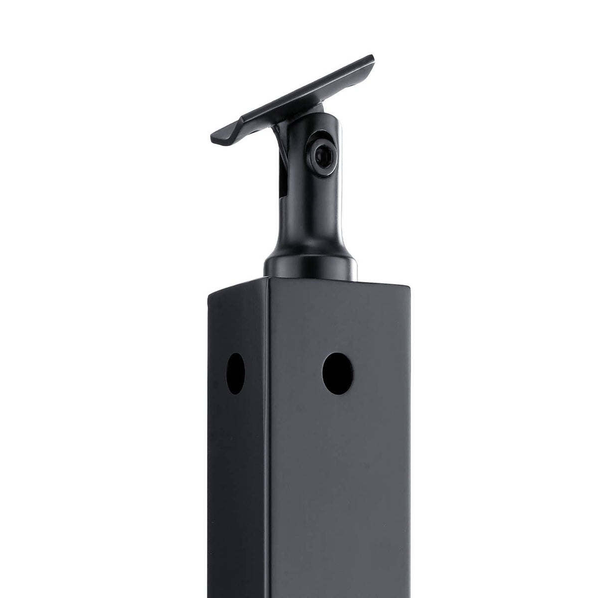 Black cable railing post with bracket top, circular holes, and vertical mounting stem