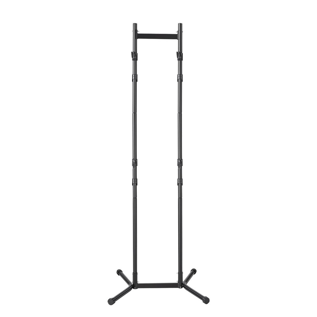 Black freestanding vertical bike rack with two steel uprights and wide stabilizing base