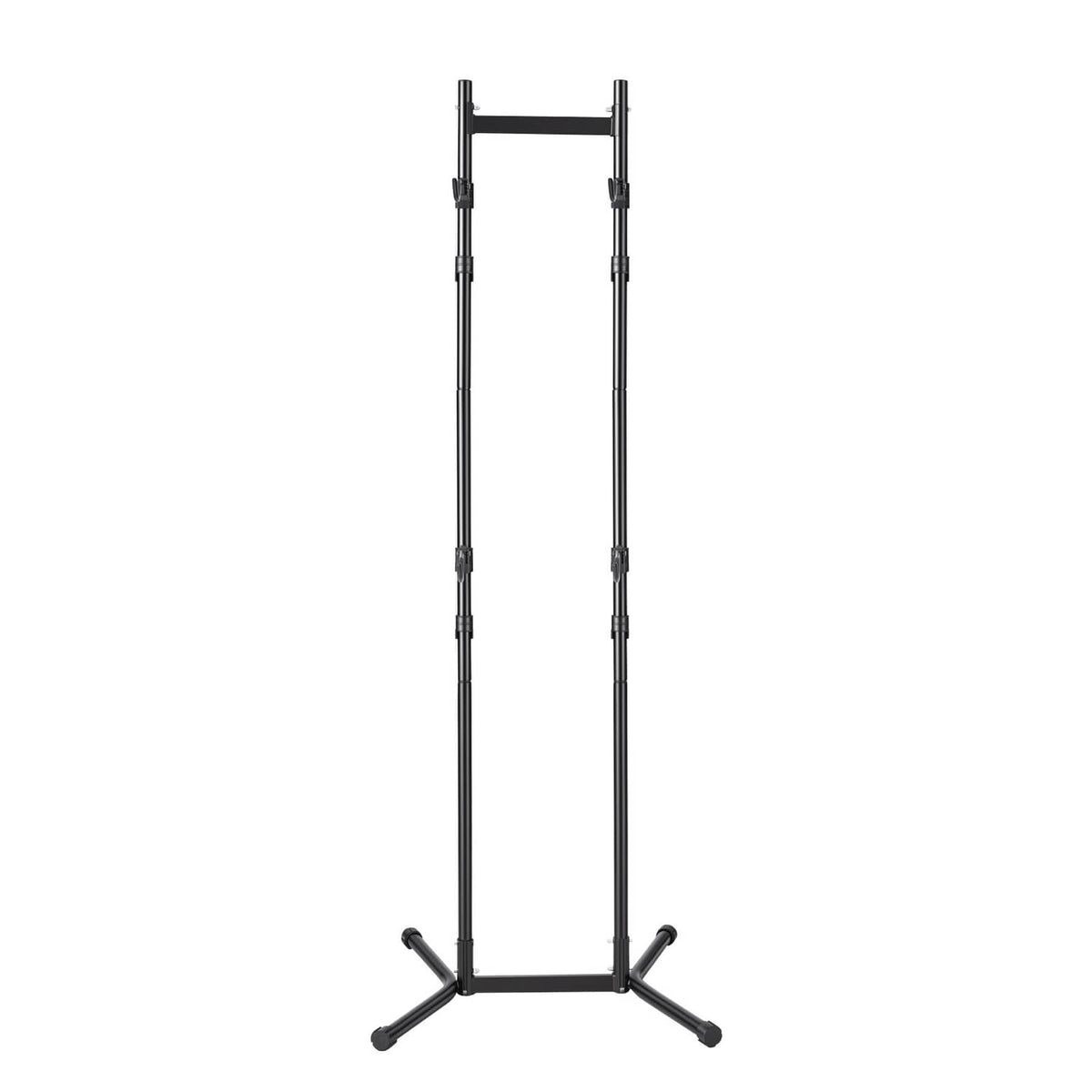 Black freestanding vertical bike rack with two steel uprights and wide stabilizing base