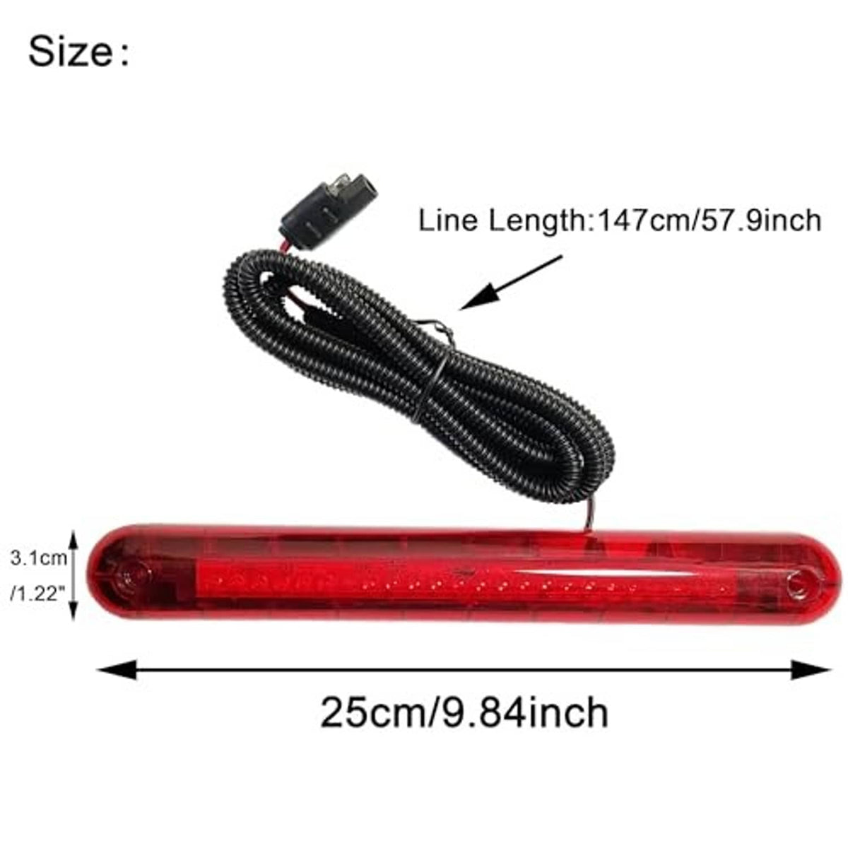 Red third brake light bar with clear lens and black cable, slim rectangular housing