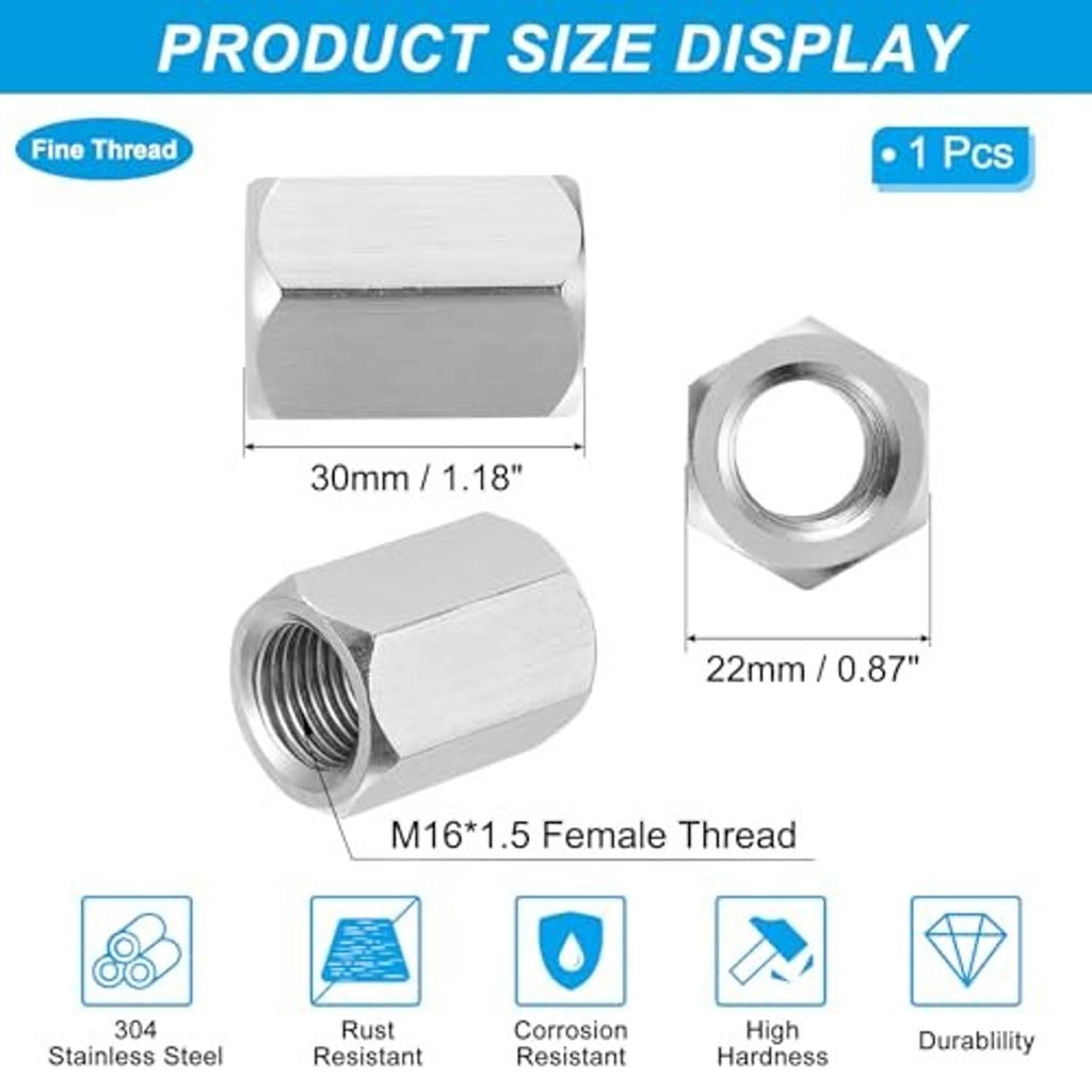 Stainless steel hex coupling nut with internal (female) threads shown with size diagram