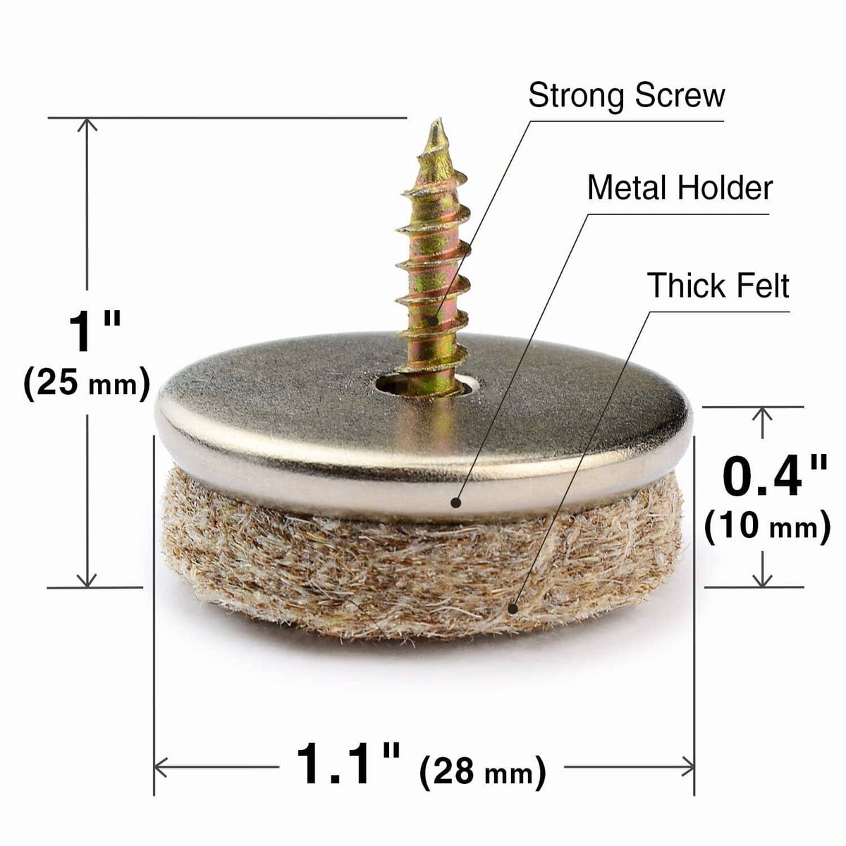Screw-on felt pad diagram showing thick beige felt, metal holder, and size