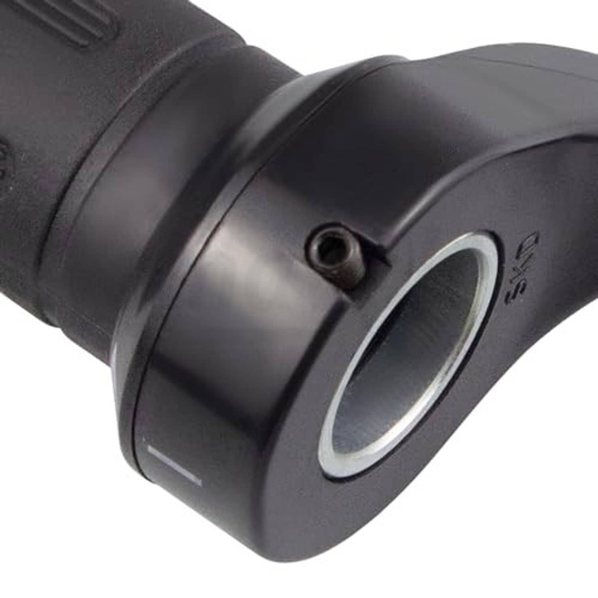 Black throttle grip housing with round port and mounting collar, part with cable end