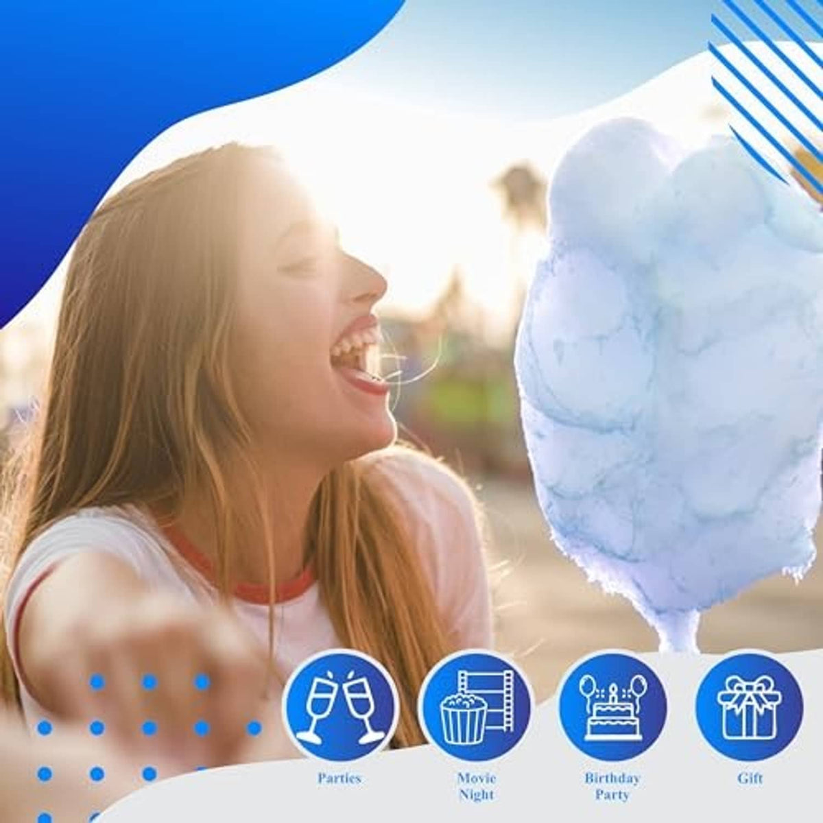 Blue cotton candy floss on a stick, made from cotton candy sugar mix