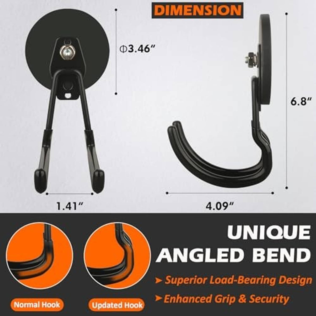 Black magnetic garage hook with two curved arms and round backing plate