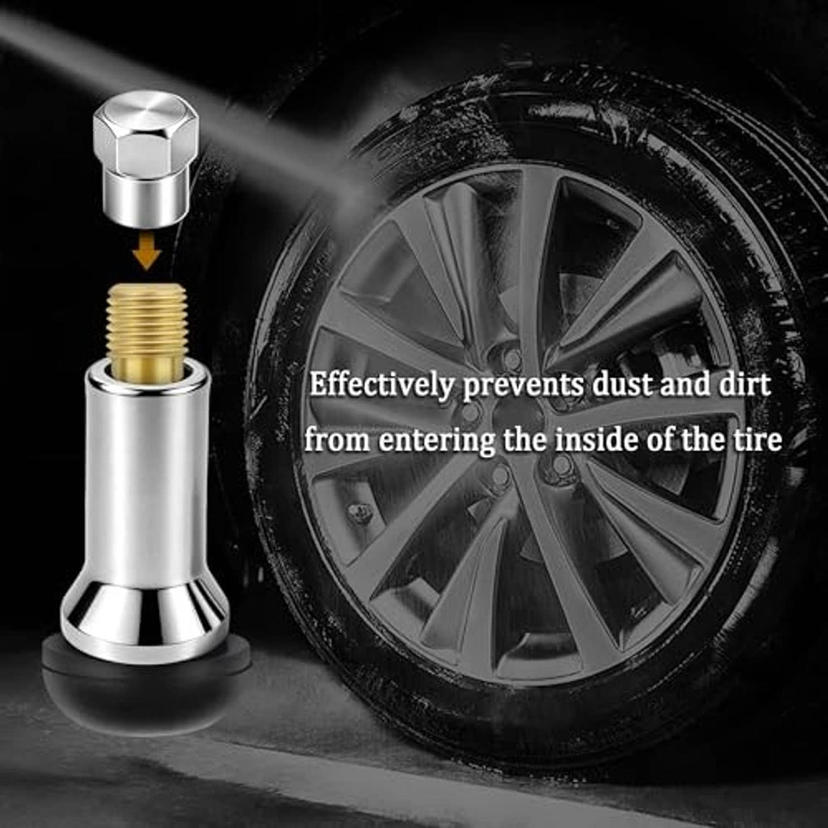 Chrome valve stem cap with hex top on a threaded stem, anti-dust style design
