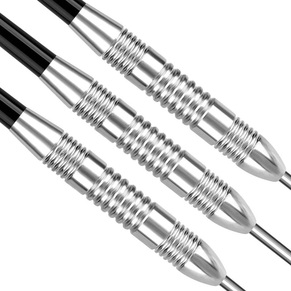 Close-up of silver steel dart barrels with knurled grip and pointed metal tips