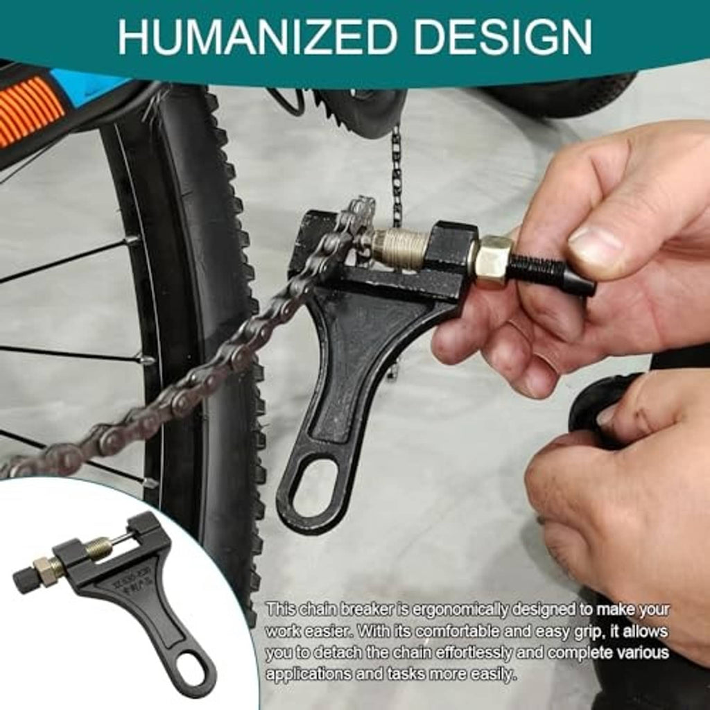 Universal motorcycle chain breaker tool with lever handle, removing a chain link pin