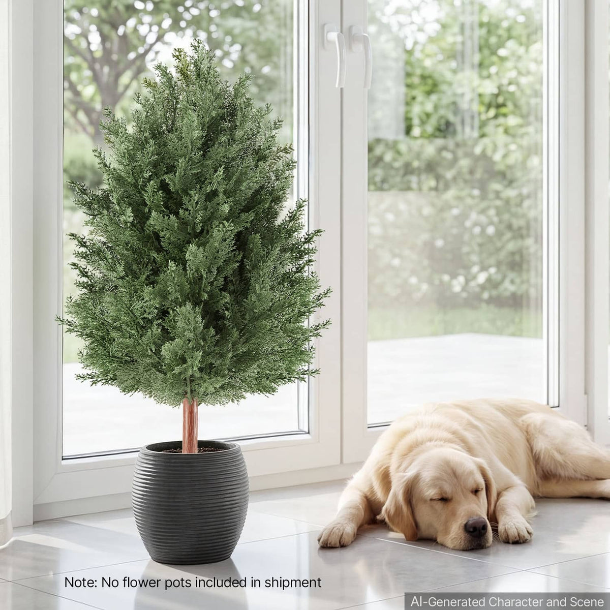 Artificial cedar topiary bush with green leaves in dark pot, next to a dog