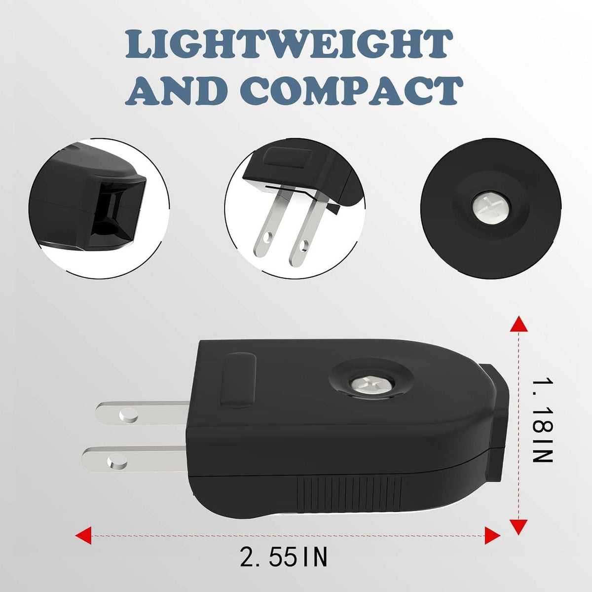 Compact black 2-prong male replacement plug with silver prongs and round indicator window