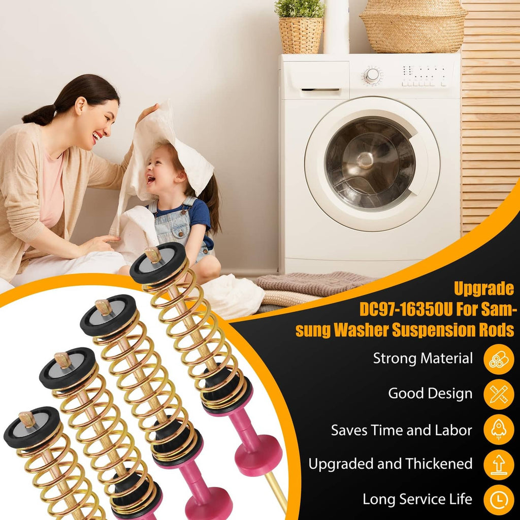 Washer suspension rods with red posts and gold coil springs, shown beside a washing machine.