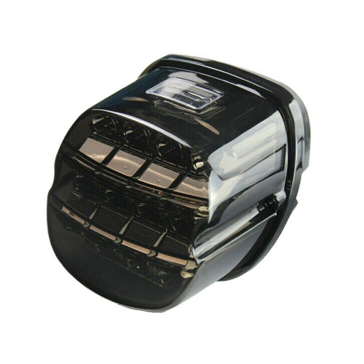Angled view of smoked-lens LED tail brake light with clear lens sections