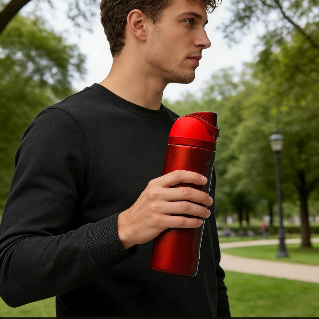 Man holding a red insulated water bottle with a cap carry loop handle.