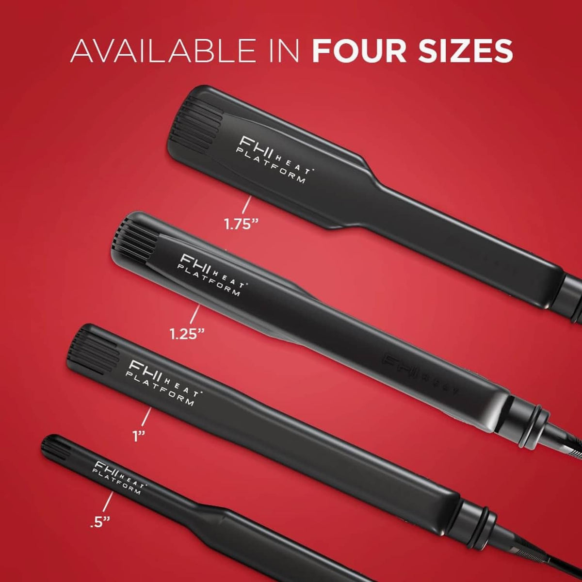 Hair straightener shown in three plate sizes, all with black body and red heating plates