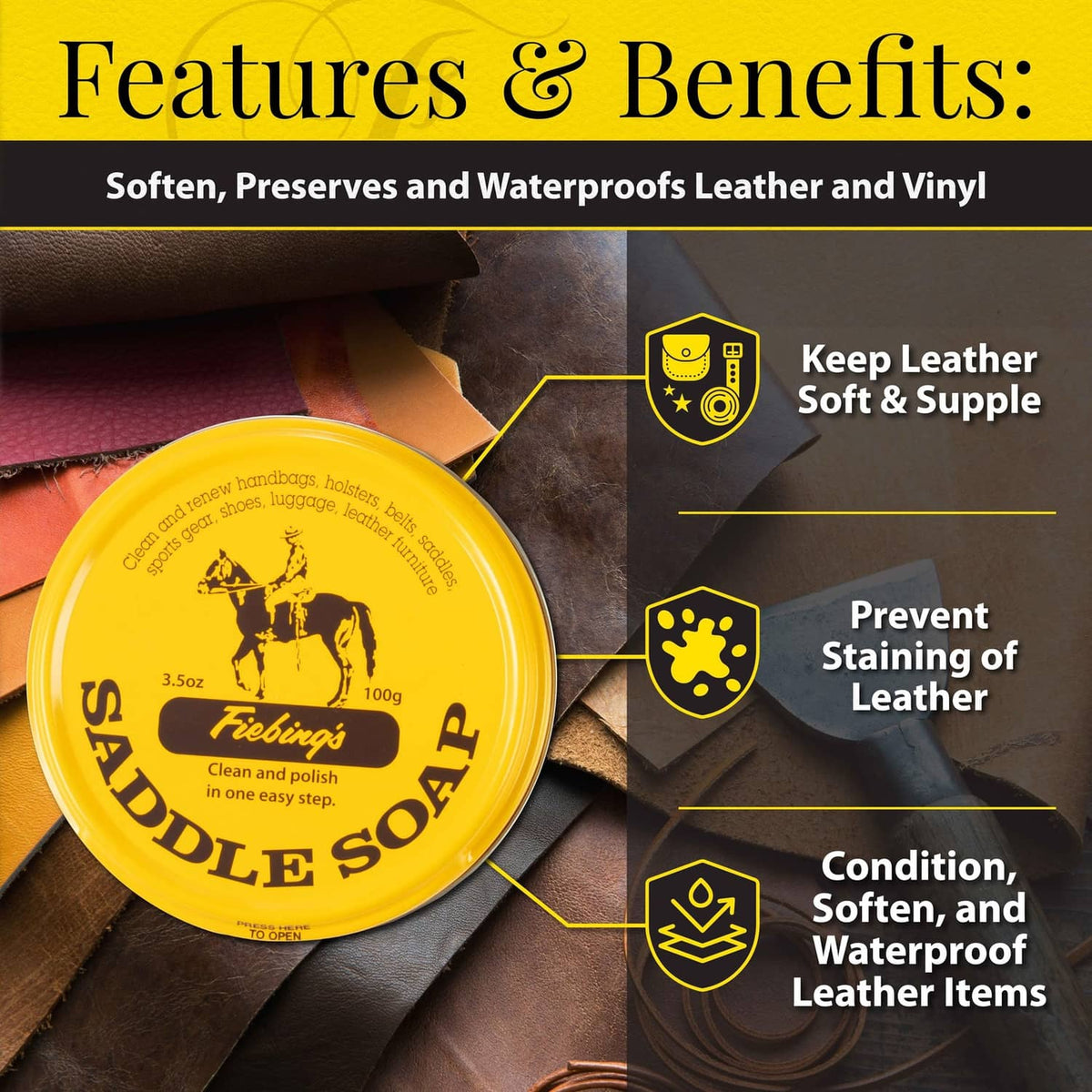 Yellow Fiebing's saddle soap tin on leather surface, domed lid visible