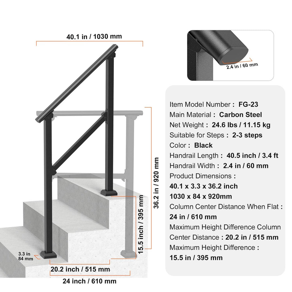 Black carbon-steel stair handrail with size diagram, 40.1 in length