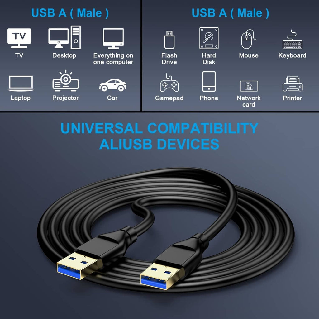Coiled black USB-A male to male braided data cable with dual Type-A connectors