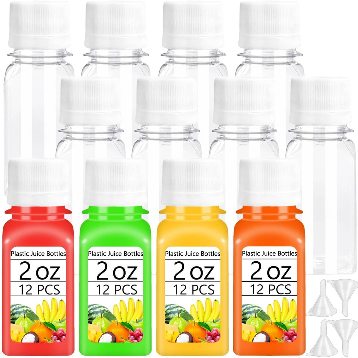 Set of 12 mini plastic juice bottles, assorted colors, with white caps
