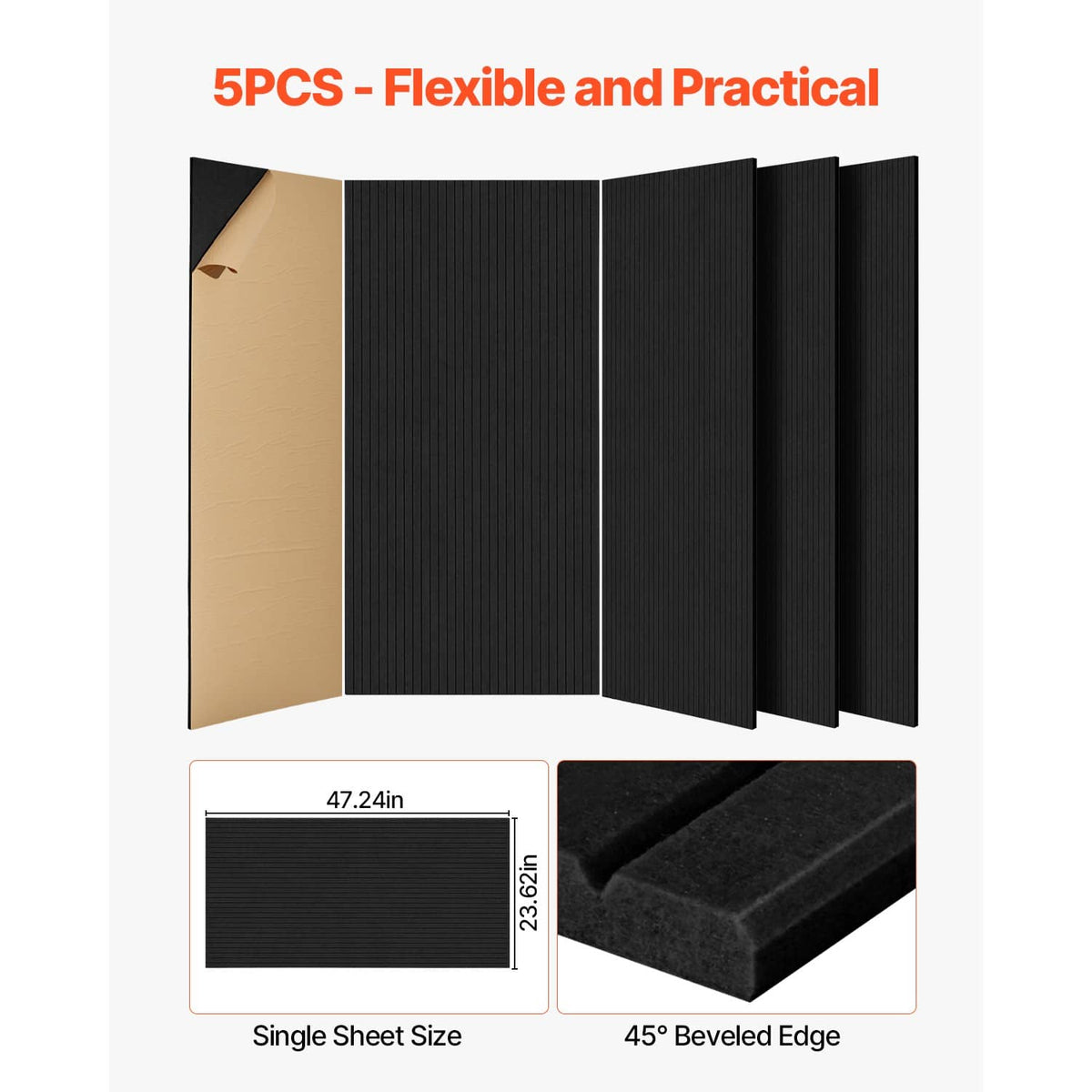 Five black acoustic foam panels with 45° beveled edges and labeled sizes