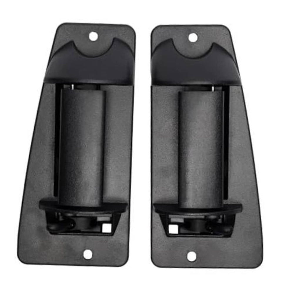 Black exterior door handle assemblies, textured finish, mounting holes visible