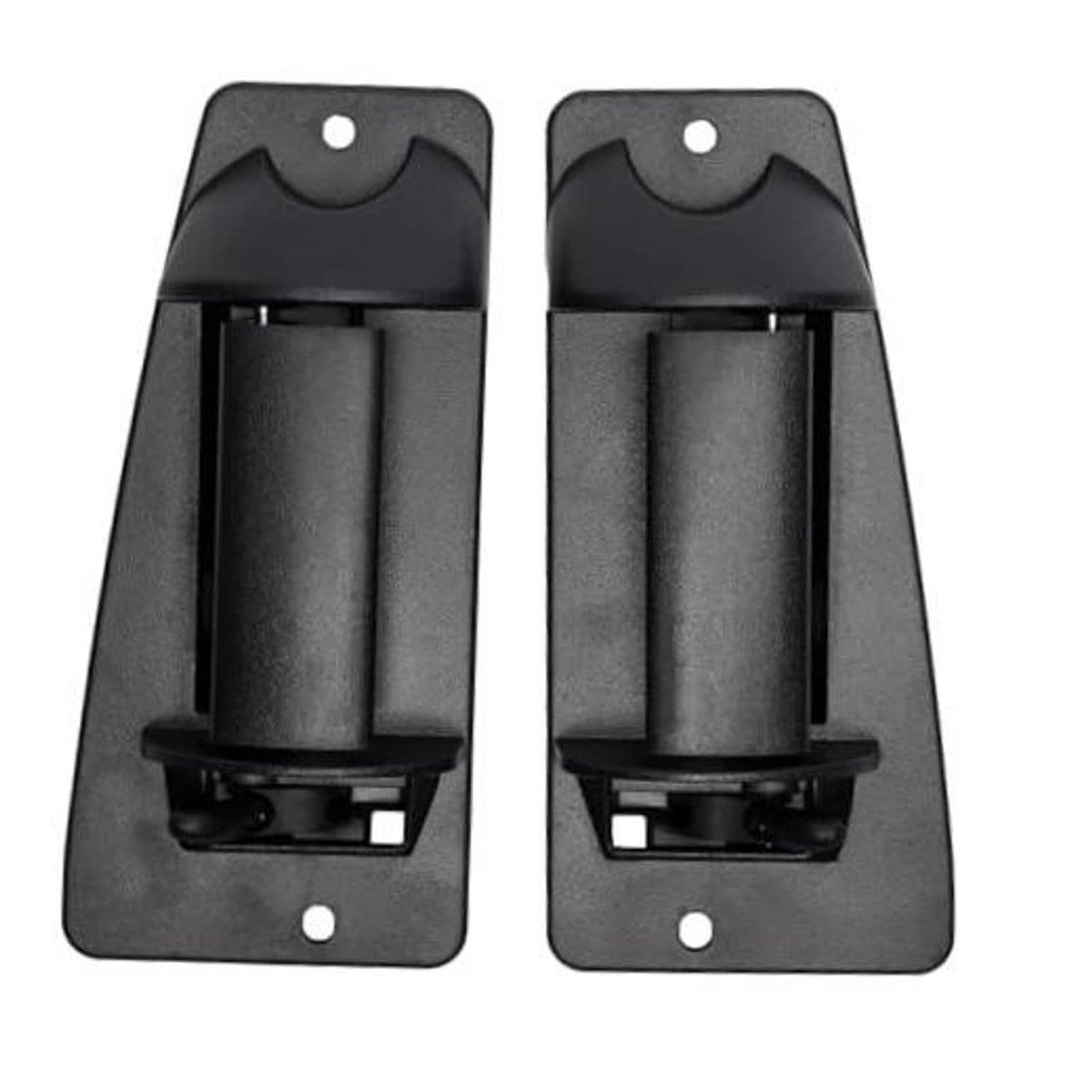 Black exterior door handle assemblies, textured finish, mounting holes visible