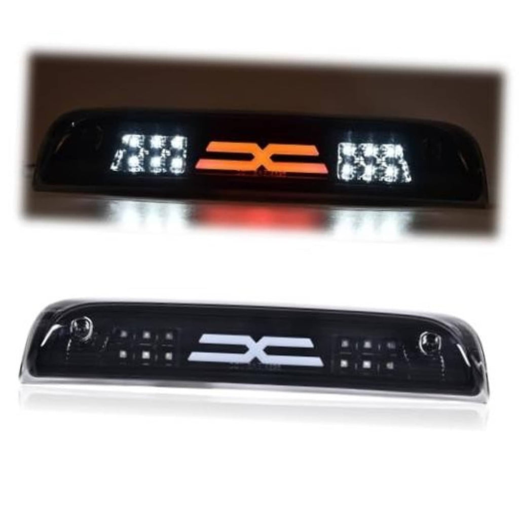 Tinted LED brake light bar with orange X center and clear side LED clusters
