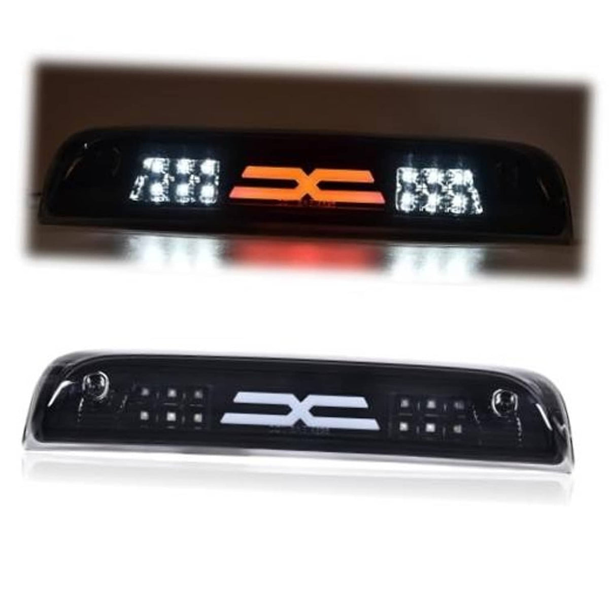 Tinted LED brake light bar with orange X center and clear side LED clusters